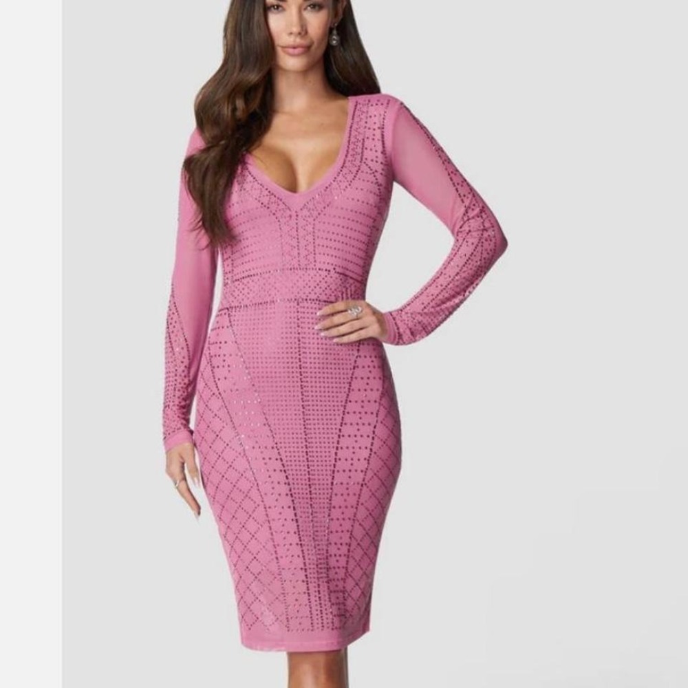 bebe Pink Studded Long-Sleeve V-Neck Bodycon Dress